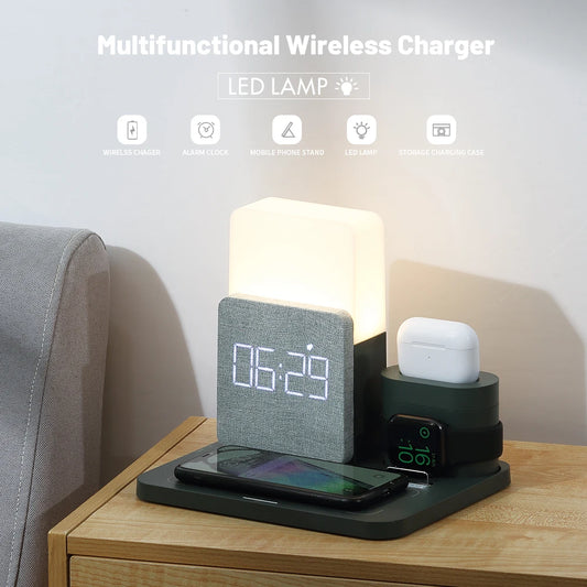 15W Wireless Charger 3 In 1 Fast Charging Station Digital Alarm Clock 3 Gears Night Light for IPhone Watch AirPods Support