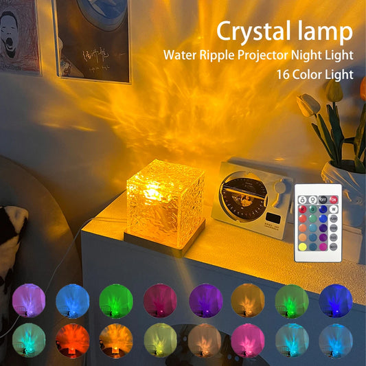 3D Dynamic Rotating Water Ripple Projector Night Light 3/16 Colors Flame Crystal Lamp for Living Room Study Bedroom Rotating Light