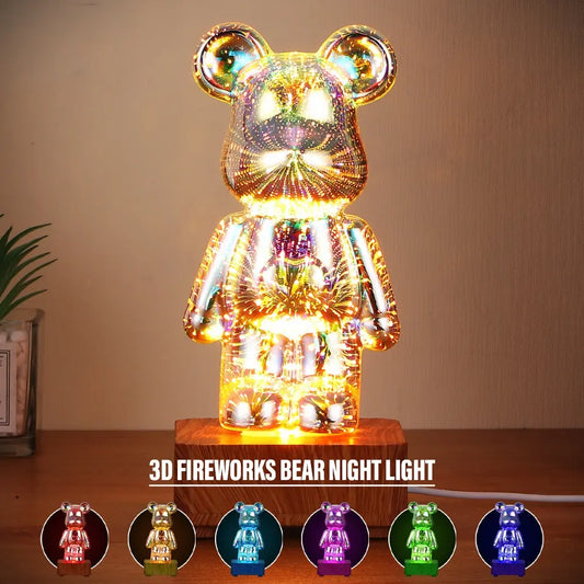 3D Bear LED Firework Night Light USB Projector Lamp Color Changeable Ambient Lamp Suitable for Children Room Bedroom Decoration